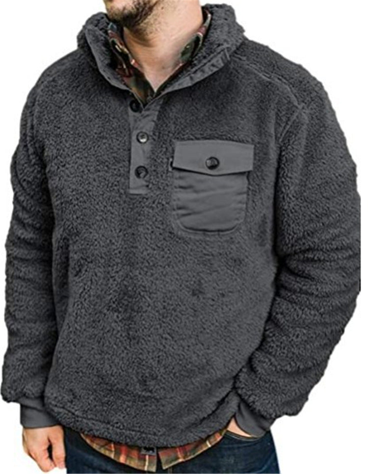 Warm Men's Sherpa Fleece Pullover Sweatshirt Jacket with Button Collar