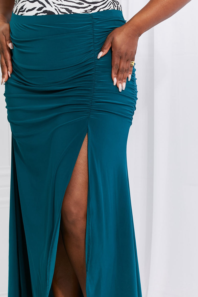 White Birch Full Size Up and Up Ruched Slit Maxi Skirt in Teal