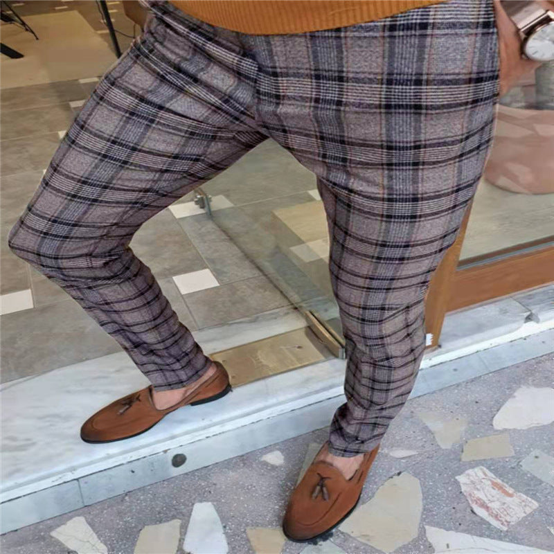 Stretch Slim Fit Pencil Pants Printed Plaid Business Casual Trousers