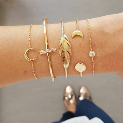 Trendy Gold, Silver, Crystal, Leaf, Moon, Cat Bracelet Set For Women