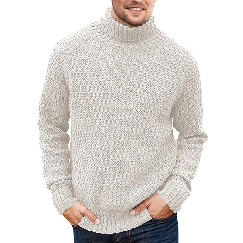 Suéter trenzado de punto de manga larga de color sólido con cuello alto para hombre