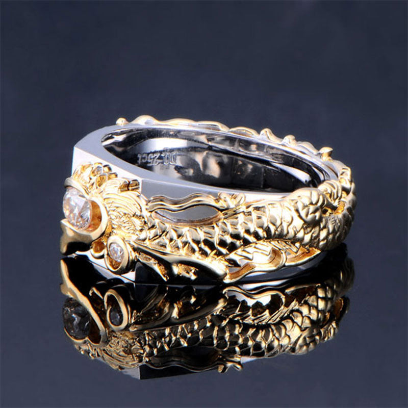 New Men's Domineering Dragon Pattern Two-color Zircon Rhinestone Ring