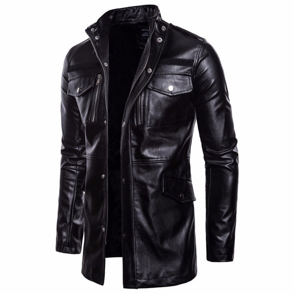 Large size stand-up collar men's leather jacket