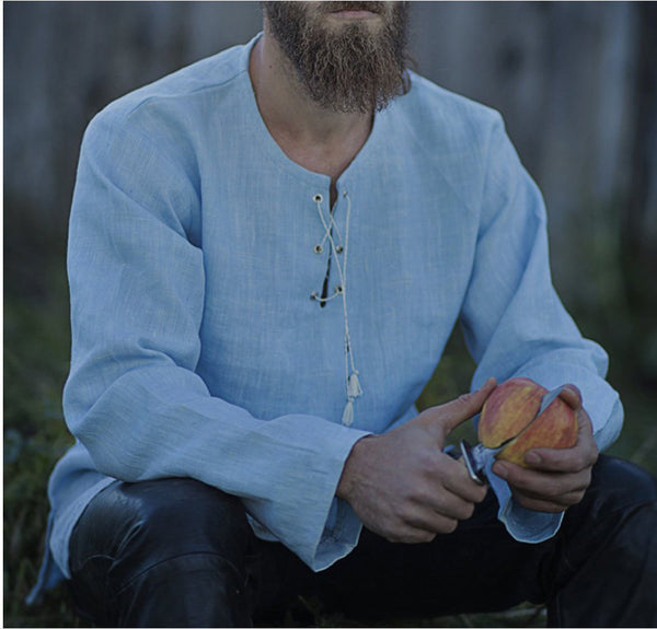 Camiseta de lino de algodón de manga larga con cuello en V suelta con cordones para hombre