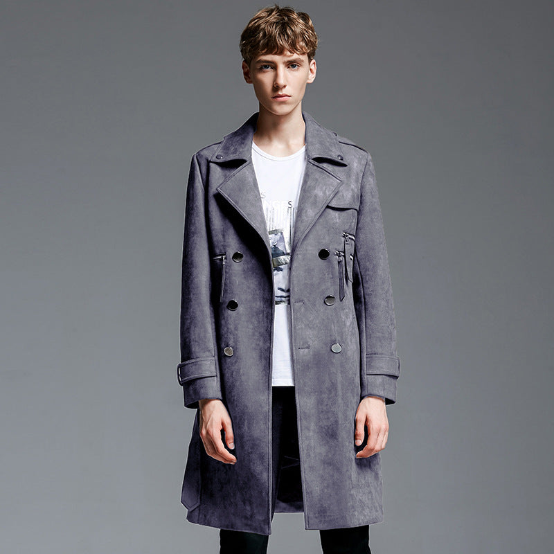 Double Breasted Suede slim-fit Trench Coat men