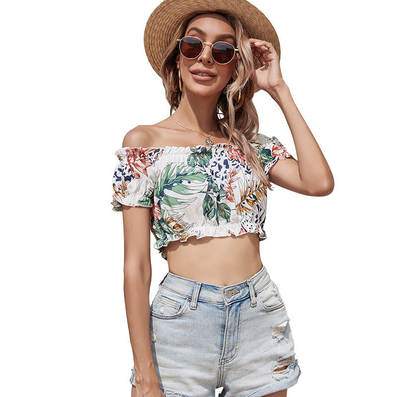 sexy Women Sling T-Shirt With Ruffle Print Neckline