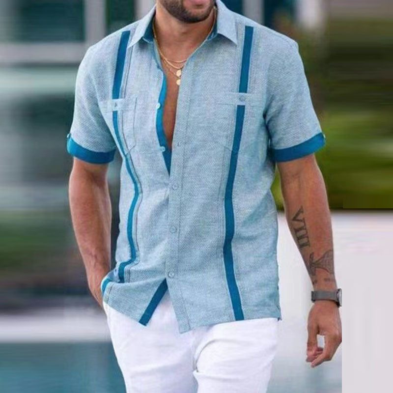 Summer Men Casual Print Pockets Loose Short Sleeve shirt