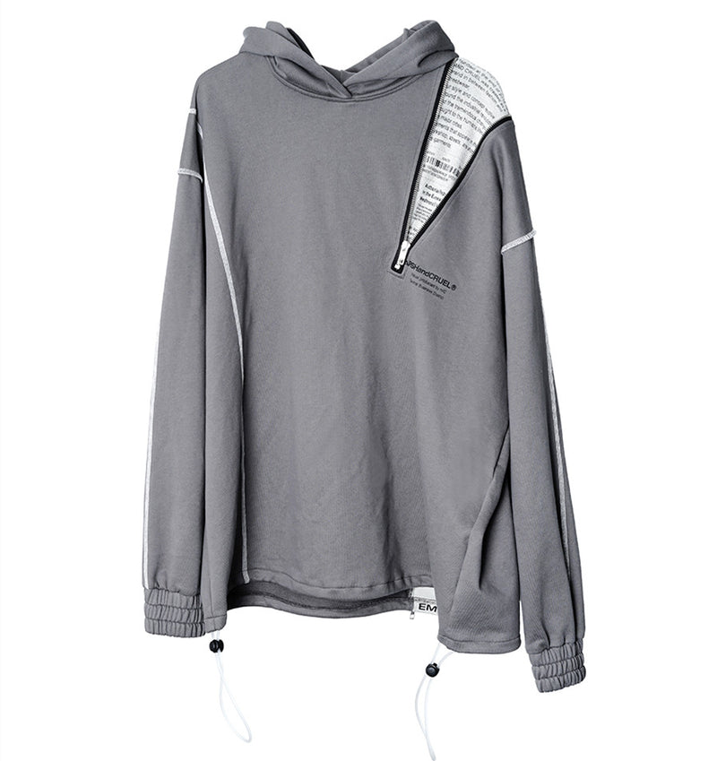 Asymmetrical Zipper Reverse Loose Hooded Sweatshirt