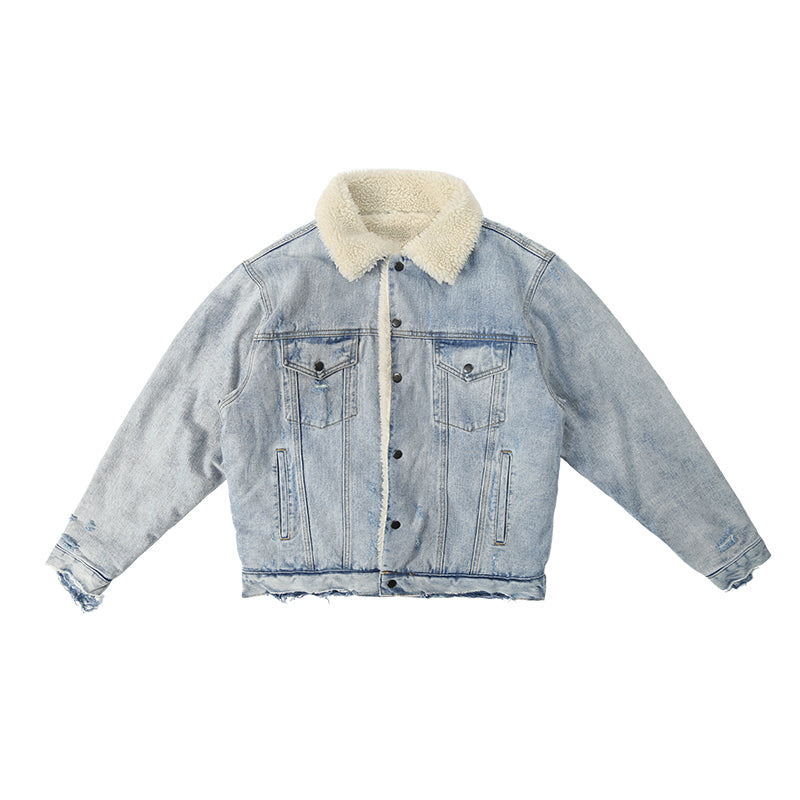 Distressed Damaged Lamb Fur Collar Denim Jacket