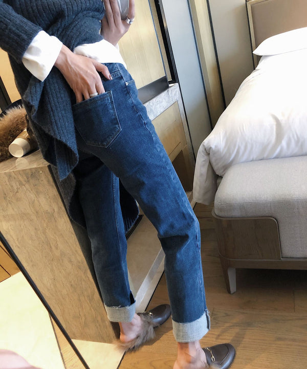 Frilled Velvet Straight Jeans