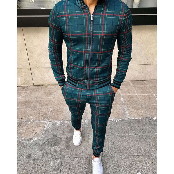 New Men's Leisure Tracksuits Men Grid Two-piece Patchwork Zipper Tracksuits