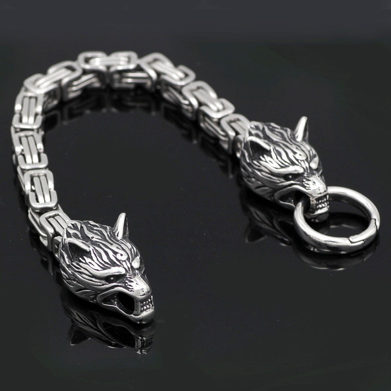 King chain viking wolf head bracelet men