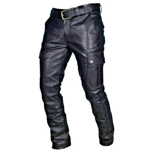 Pantalones de cuero casuales con correa de PU de color sólido de moda para hombres