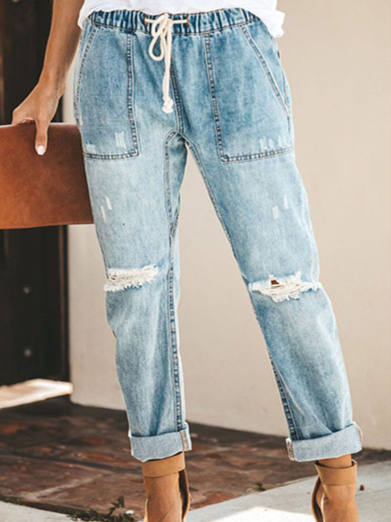 Pantalones casuales de cintura media con agujeros rectos para mujer 