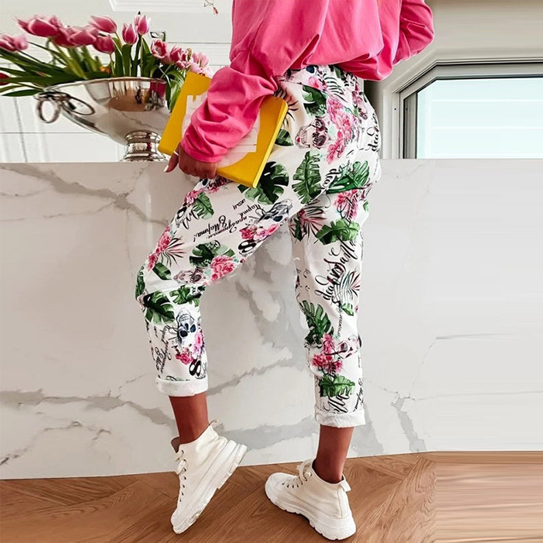 Pantalones casuales sexys para mujer, pantalones elásticos con estampado floral y correas de bolsillo