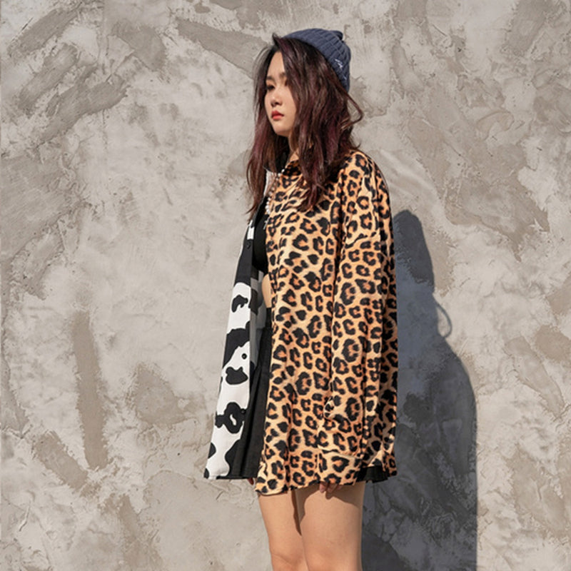 Camisa color block con estampado de leopardo