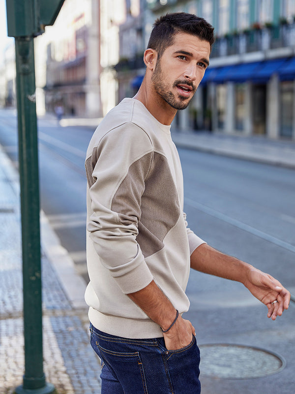 Jersey con costuras, suéter de cuello redondo para hombre.