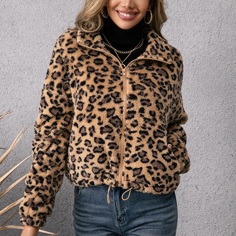 Ladies Leopard Print Lapel Zip Furry Jacket