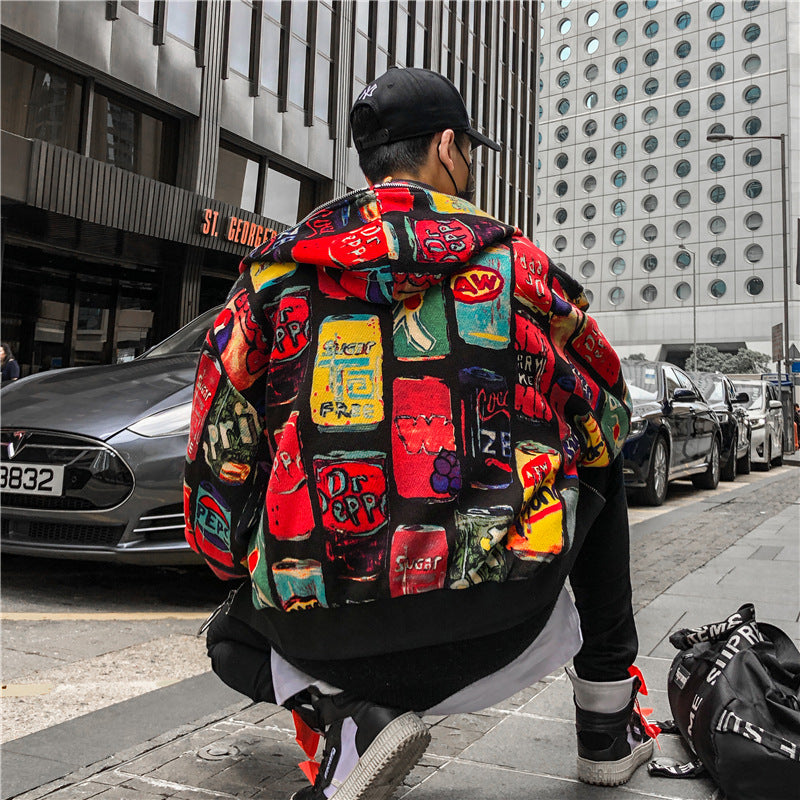 Cárdigan estampado High Street Hip Hop chaqueta holgada con capucha para hombre 