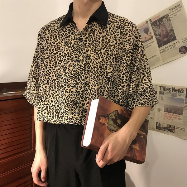 Camisa de gasa con manga de cinco puntos de leopardo 