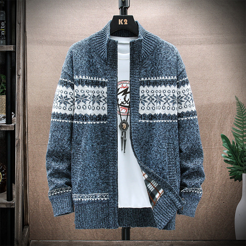 Men's Printed Stand-collar Cardigan sweater