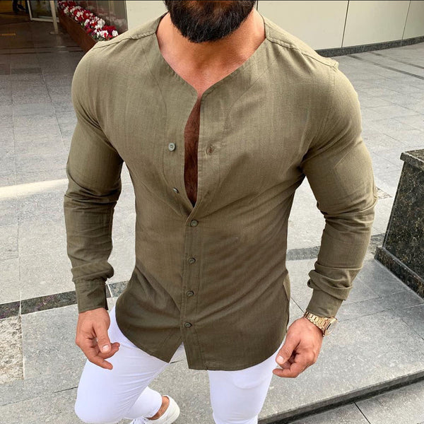 Camisa tipo cárdigan con botones de lino estilo europeo-americano para hombre