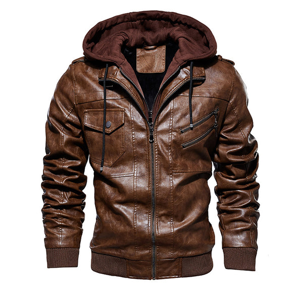 Men's Leather Jacket Men's PU Leather Hooded Jacket