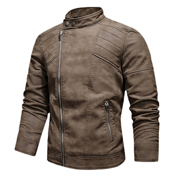 Chaqueta de cuero PU para hombre con cremallera oblicua y cuello de solapa grande