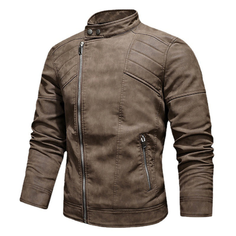 Men PU Leather Jacket with Oblique Zipper and Large Lapel Collar