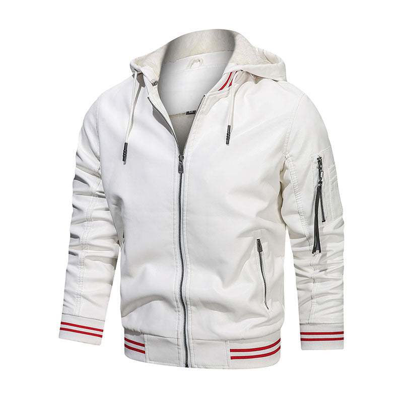 Chaqueta de hombre Chaqueta de cuero con múltiples bolsillos y capucha para hombre