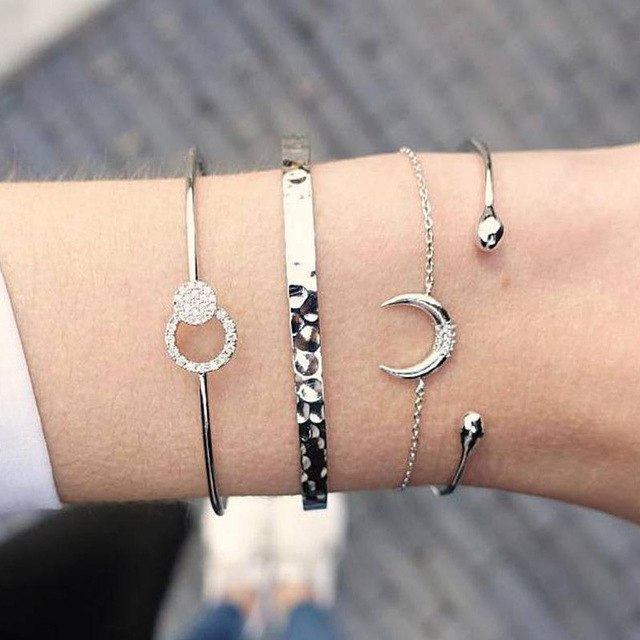 Trendy Gold, Silver, Crystal, Leaf, Moon, Cat Bracelet Set For Women