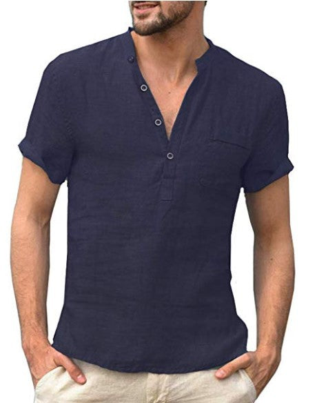 Camisa de manga corta para hombre de lino y algodón de color liso