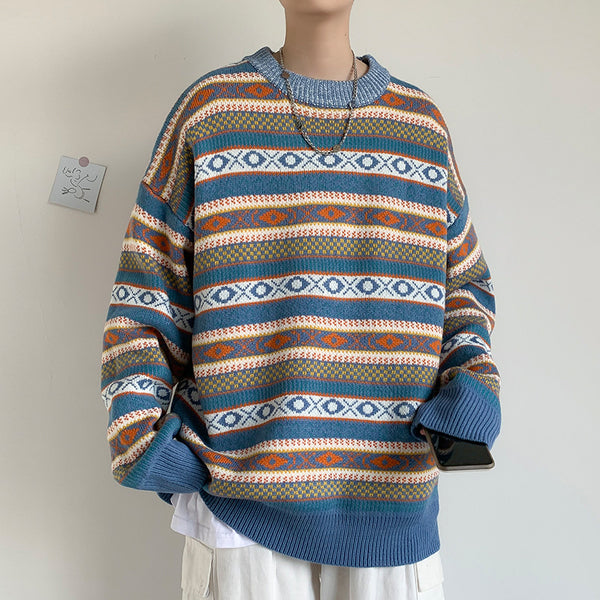 Colorblock Striped  Knit Sweater Retro Round Neck Loose Sweater