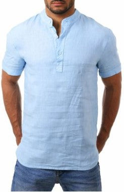 Camisa de manga corta para hombre de lino y algodón de color liso