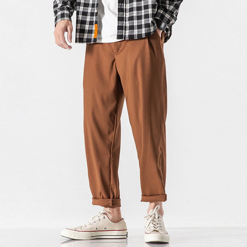 Men Straight Loose Cropped Cotton Pants