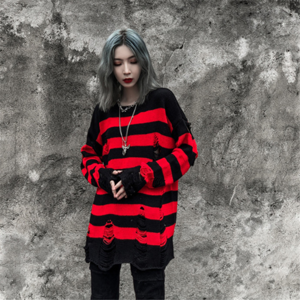 Striped jacquard round neck sweater