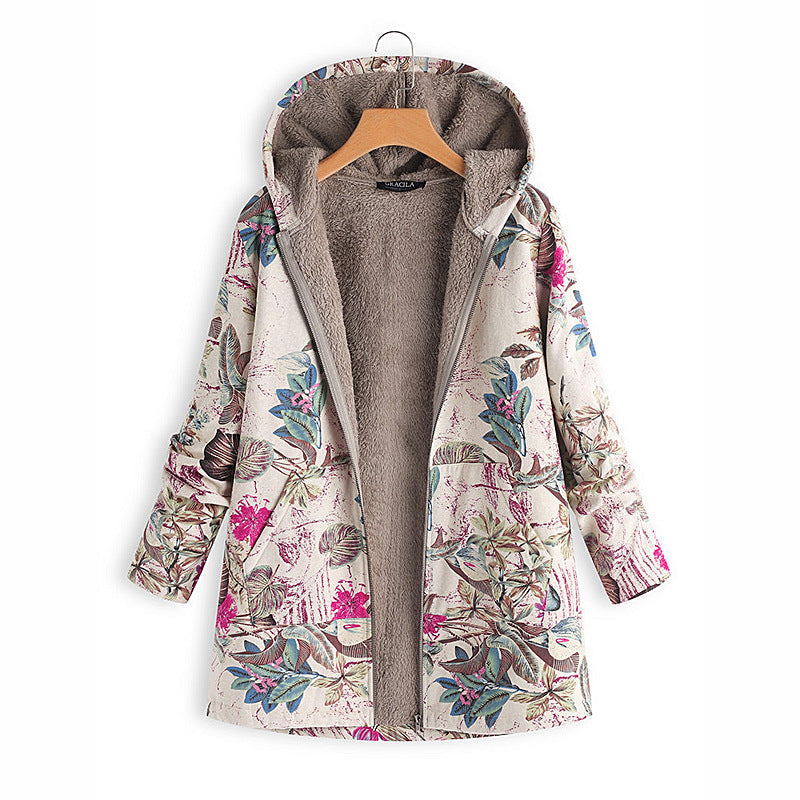 Women's Cotton And Linen Printed Hooded Sweater