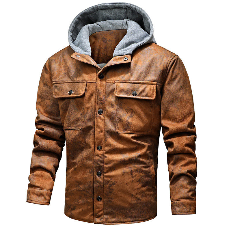 Chaqueta casual de cuero para hombre con capucha y cachemir