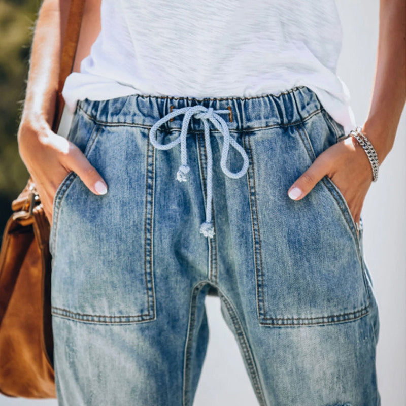 Ripped Lace-Up Denim Trousers