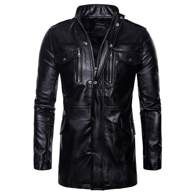 Chaqueta de cuero de hombre con cuello alto y talla grande. 