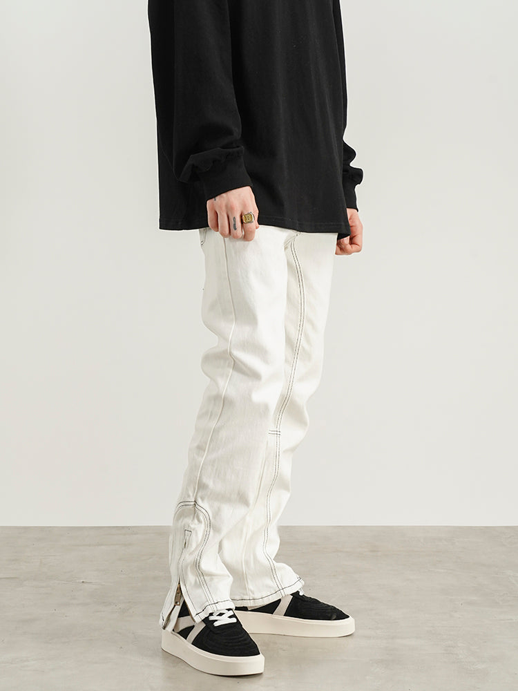 Three-dimensional Tailoring Of White Jeans With Contour Line Split Zipper