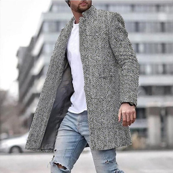 Men's Herringbone Stand-up Collar Mid-length Woolen Trench Coat