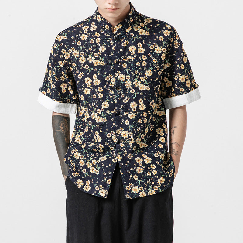 Men's Loose Stand-up Collar Printed Short-sleeved Shirt