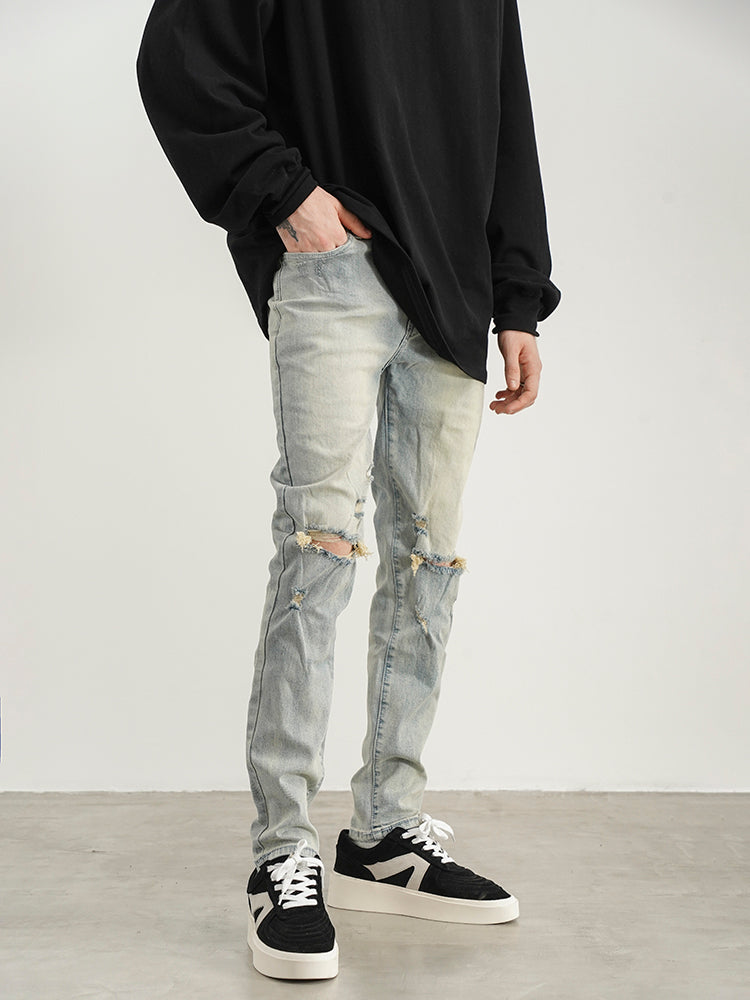 Ripped Washed Yellowed Slim-fit Jeans