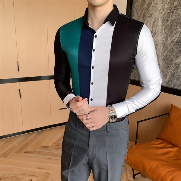 Camisa de vestir formal a rayas con bloques de color para hombre