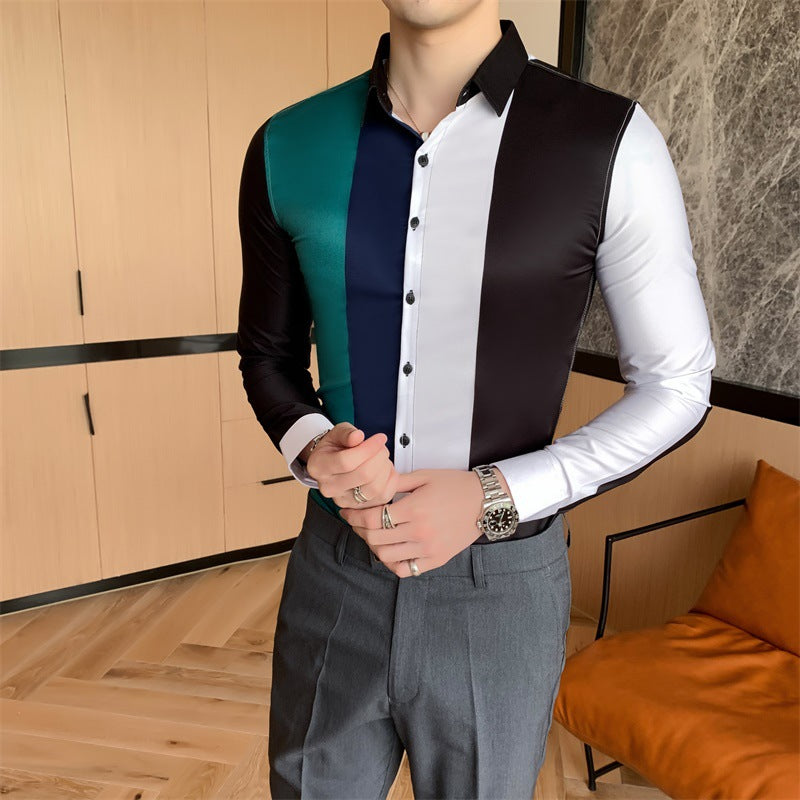 Color-blocking Striped formal dress Shirt men