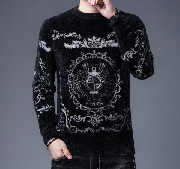 New Domineering Pattern Jacquard Thick Mink Wool Warm Sweater