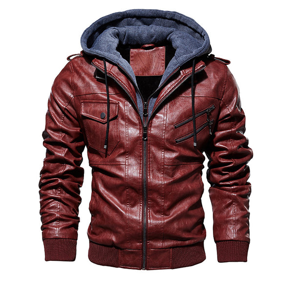 Men's Leather Jacket Men's PU Leather Hooded Jacket