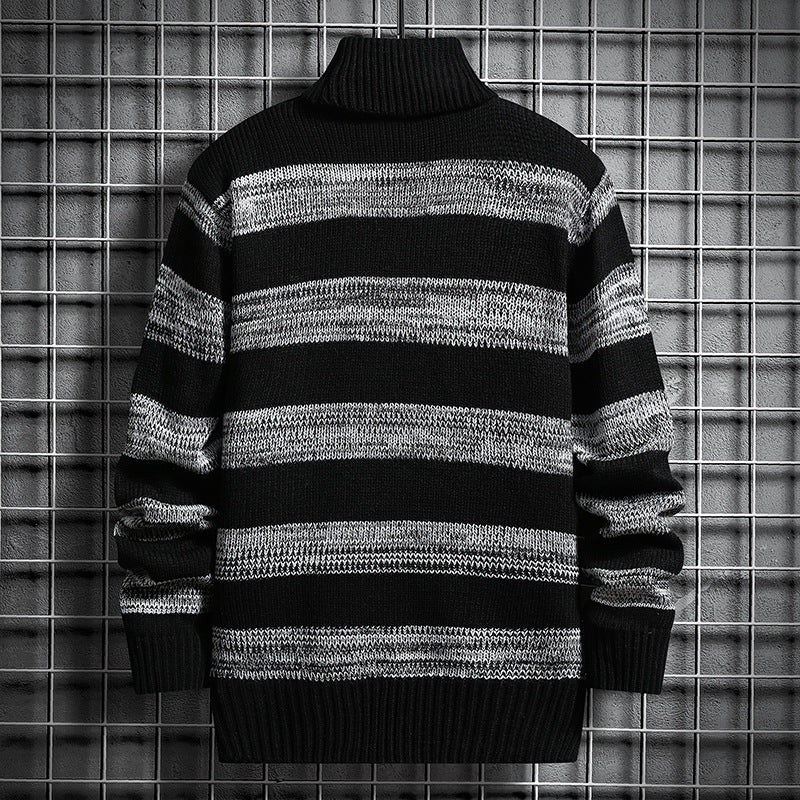 High-neck Men's Long-sleeved Trendy Slim Striped Sweater
