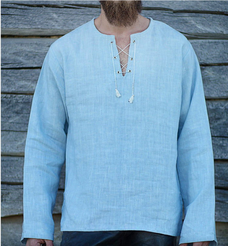 Men's Lace Up Loose V-Neck Long Sleeve Cotton Linen T-shirt